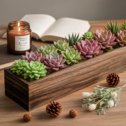 6 Set Wood Rectangle Boxes 16x4 Inch Rustic Planter with Liner (16x4 Inch)