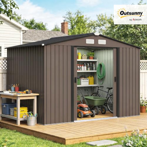 9' x 6' Outdoor Storage Shed Garden Tool Metal Shed Brown (Brown / 9' x 6')