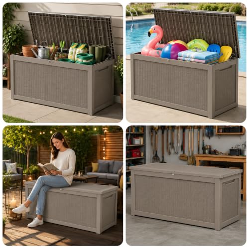 320 Gallon Outdoor Storage Box Resin Deck Box All Weather Waterproof Large Lockable Storage Container Deck Box for Patio Cushions (Gray / 320 GAL NEW)
