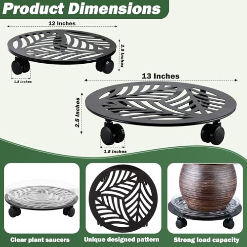 2 Packs Large Metal Plant Caddy with PU Wheels 12" (12"/ 13")