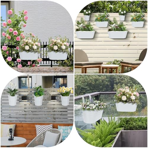 3 Different Size Metal Iron Hanging Flower Pots 10 Pcs for Outdoor Plants Metal Hanging Bucket Pots Iron Railing Fence Planter with Drainage Holes and Hooks for Porch Railing Balcony Fence (White)