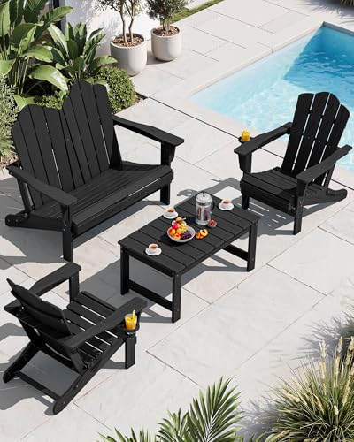 4 Pc HDPE Adirondack Set (Black / 2 chair &1 bench &1 coffee table)