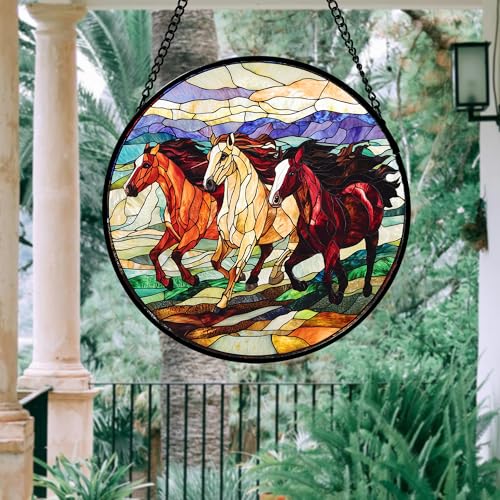Running Horses Stained Glass Window Hanging Suncatcher Gift for Women 12" (White Brown / 11.8x11.8 IN)