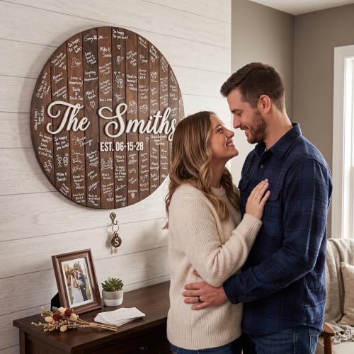 Personalized Round Wooden Wedding Guest Book Alternative Sign