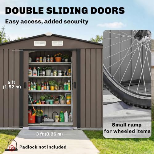 9' x 6' Outdoor Storage Shed Garden Tool Metal Shed Brown (Brown / 9' x 6')