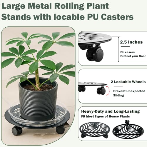 3 Packs Large Metal Plant Caddy with PU Wheels 12" (12"/ 13"/ 13.6")