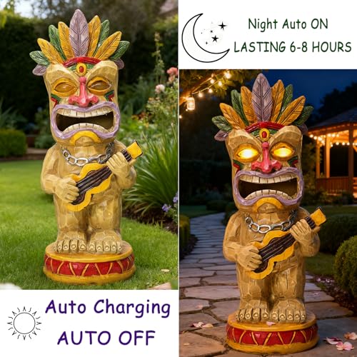 Solar Tiki Garden Statue with LED Eyes Outdoor Resin Ukulele Player Yard Decor Solar Light Hawaiian Style Lawn Ornament for Patio Porch Tiki Bar Decor Best Gift for Tiki Lovers (Ukulele Tiki Statue)