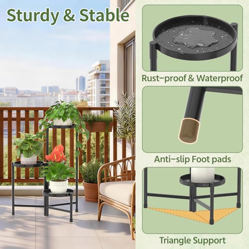 Plant Stand Indoor with 10 Inch Large Metal Tray (Solid Black / 3 Tier)