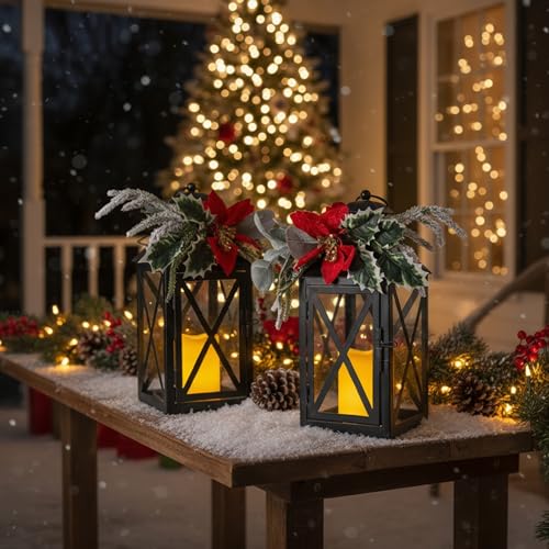 Christmas Lanterns 2 Pack 12'' Black Metal with Candle Holiday Decor