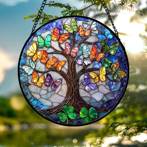 Butterfly Tree of Life Stained Glass Window Hanging Suncatcher Gifts 15" (Colorful / 14.9x14.9 IN)