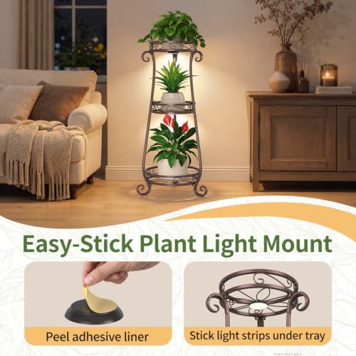 3 Tiers Metal Corner Plant Stand Tall with Light for Indoor Outdoor (Bronze with Light / 3 Tier)