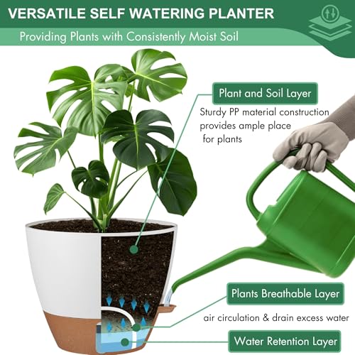 5-Pack 10/9/8/7/6.5Inch Self Watering Pots for Inoor Plants Plastic Planter (White / 6.5/7/8/9/10 Inch)