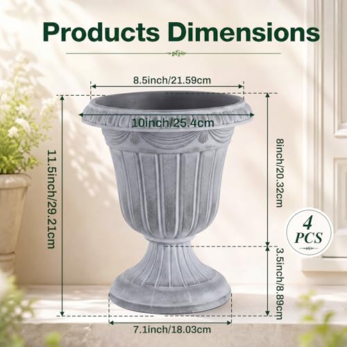 4 Pcs 10 x 12 Inches White Wash Plastic Urn Planter Classic Flower Pots Front Porch Planters Indoor Outdoor Planters with Pedestal for Wedding Party Bridal Shower Garden Patio Porch (10 x 12 Inches / White Wash)