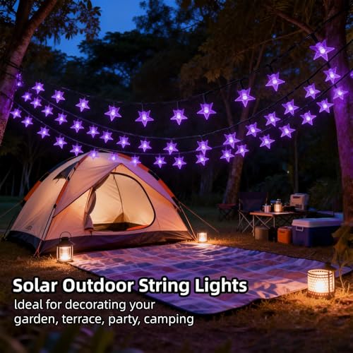 Twinkle Solar Star String Lights Outdoor Waterproof 39FT (Purple)