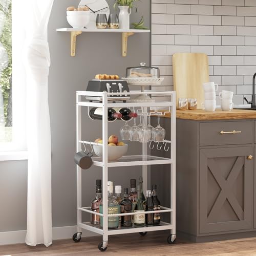 Bar Cart with 3 Mirrored Shelves (White（3 Tier）)