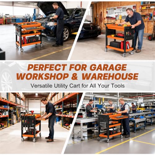 3 Tier Heavy Duty Metal Rolling Tool Cart with Drawers (Orange With Drawers)