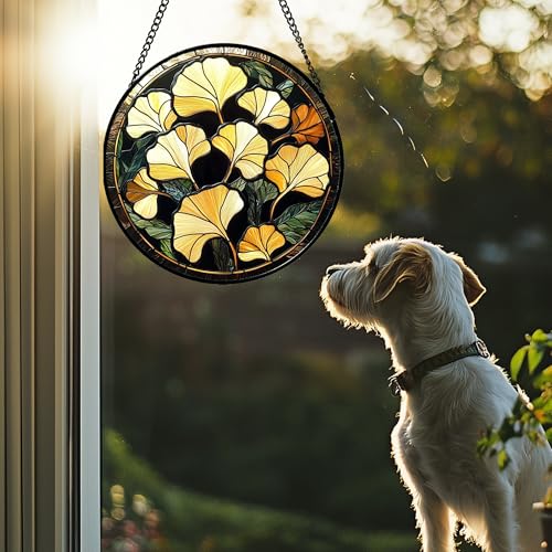 Ginkgo Leaves Stained Glass Window Hanging Suncatcher Gifts for Women 12"