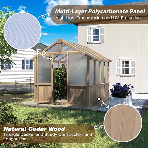6 x 8 FT Wooden Polycarbonate Greenhouse with Ventilated Window and Lockable Door