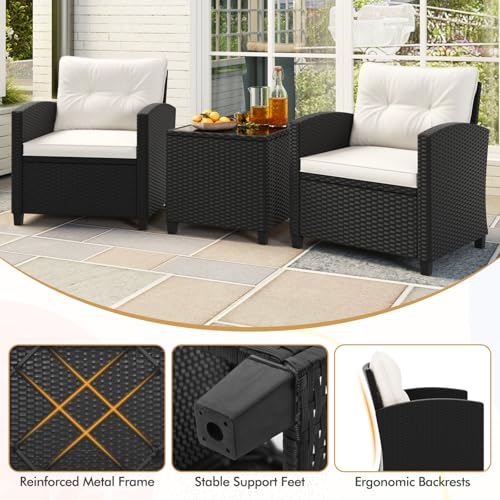 3 Pieces Wicker Patio Conversation Set (Black & Off White)