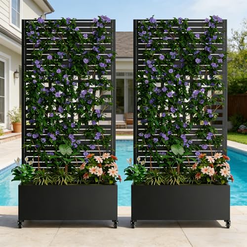 Metal Planter Box with Trellis and Wheels (Black / Rectangular D)