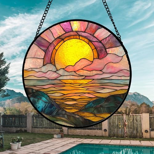 Sunrise Over The Sea Stained Glass Window Hanging Suncatcher Gifts 15"