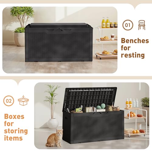 100 Gallon Resin Deck Box Large Outdoor Storage Boxes with Cushions for Garden Tools