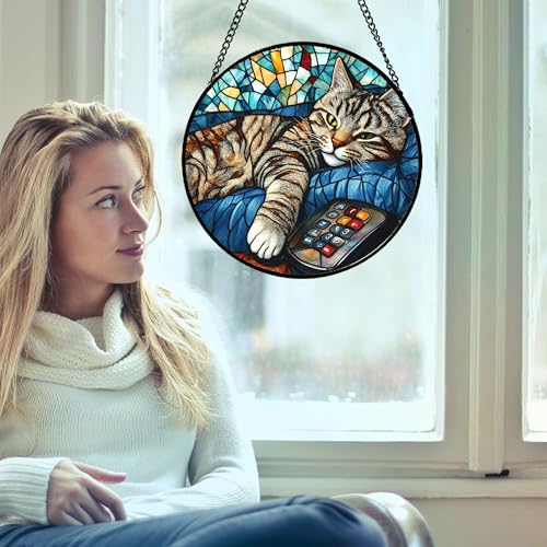 Gray Cat Remote Control Stained Glass Window Hanging Suncatcher Gifts 9.8" (Blue-gray / 9.8x9.8 IN)