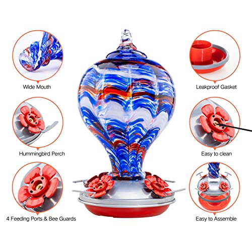 32OZ Hummingbird Feeders Blown Glass Hummingbird Feeder (Navy Blue)