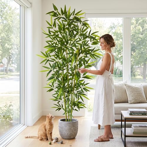 Artificial Bamboo Tree 7ft Green Fake Plant with White Planter (Bamboo / 7ft)