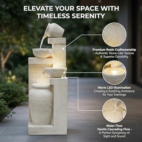 53.15'' Outdoor Garden Water Fountain with Lights (Beige 53.15in)
