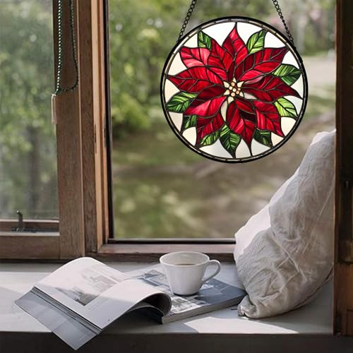 Red Poinsettia Flower Stained Glass Window Hanging Suncatcher Gifts 12" (Red and White / 11.8x11.8 IN)
