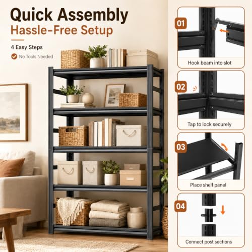 Heavy Duty Metal Bookshelf Adjustable 5 Tier Book Shelf with Bolt (5Tier 72"H×39.4"W×15.7"D)