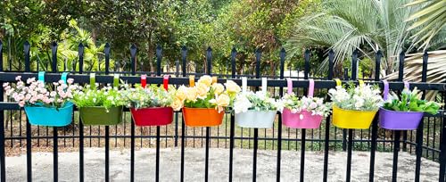 8 Pack 12" Colorful Metal Railing Planters with Hooks for Outdoor Fence (Oval - 11.8 Inch)