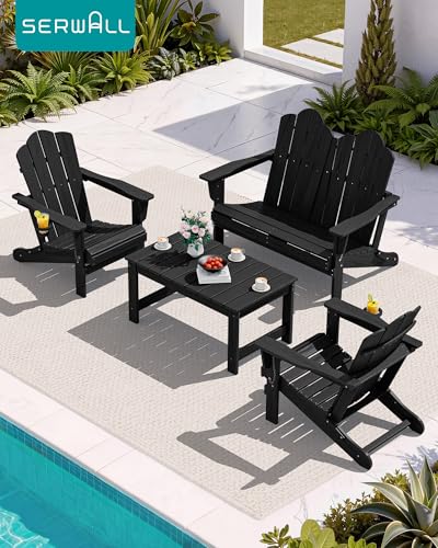 4 Pc HDPE Adirondack Set (Black / 2 chair &1 bench &1 coffee table)