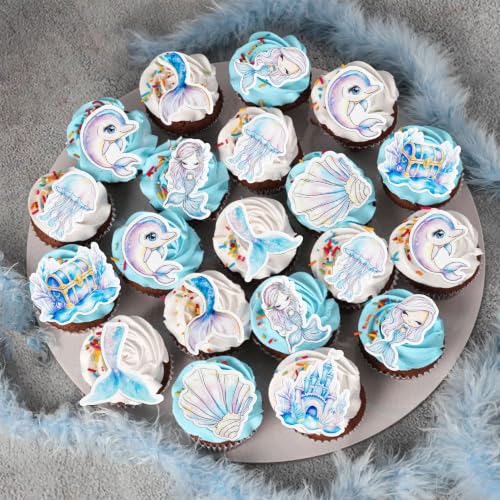 54Pcs Edible Colorful Mermaid Tails Cupcake Toppers Ocean Animal Cupcake Picks for Under The Sea Party Decoration Baby Shower Girls Mermaids Birthday Ocean Theme Bridal Shower Wedding Supplies (Light Blue Purple)