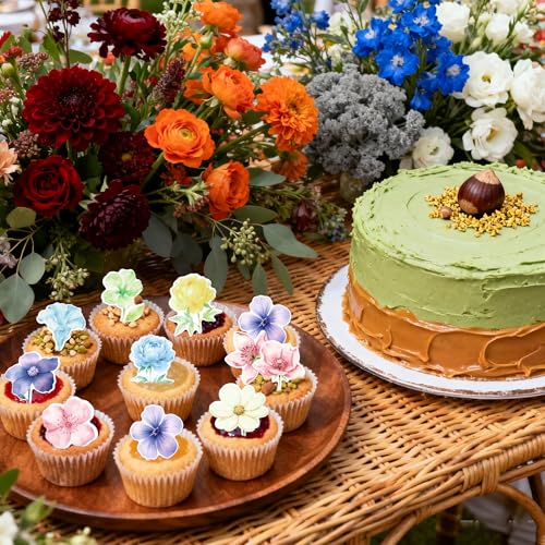 60 PCS Edible Flowers Cupcake Toppers Wafer Paper Daisy Rose Flower Cherry Cupcake Toppers Edible Flowers Cake Decorations for Baby Shower Wedding Birthday Valentine's Day Party Decorations Supplies (Pattern 2)