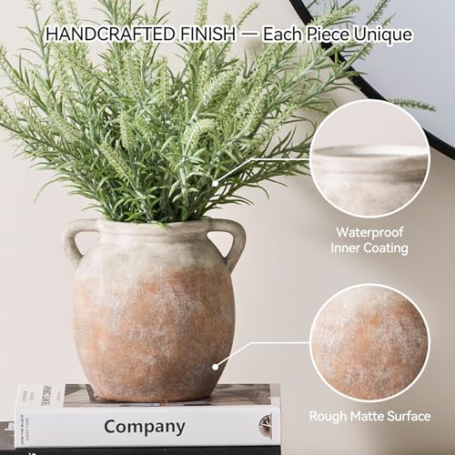 Ceramic Flower Small Vase 6 inch Farmhouse Rustic Vase Decorative Pottery Terracotta Vases for Home Decor Table Mantle Fireplace Living Room Bathroom Wedding Centerpiece (S-aged Terra)