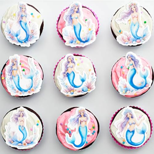 54Pcs Edible Colorful Mermaid Cupcake Toppers Mermaid Cupcake Picks for Under The Sea Party Decoration Baby Shower Girls Mermaids Birthday Ocean Theme Bridal Shower Wedding Supplies (Blue Purple)
