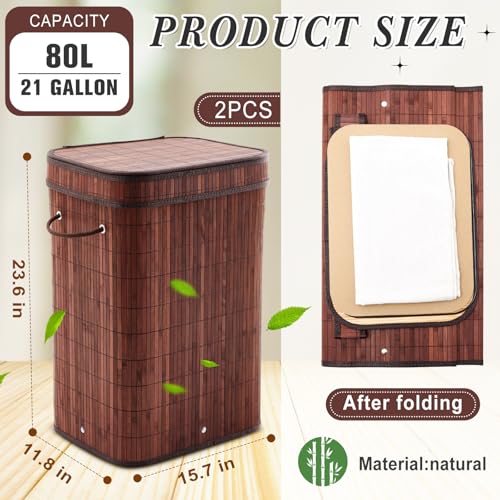 2 Pack 21 Gallon Bamboo Slim Trash Can with Lid Foldable (23.6×15.8×11.8inches / Brown)