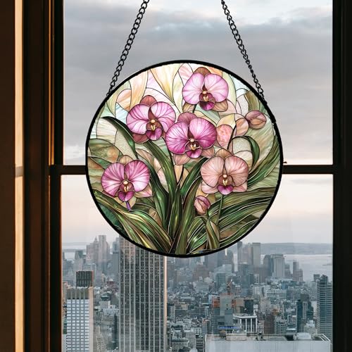 Phalaenopsis Orchid Stained Glass Window Hanging Decor Gifts for Women 9.8"