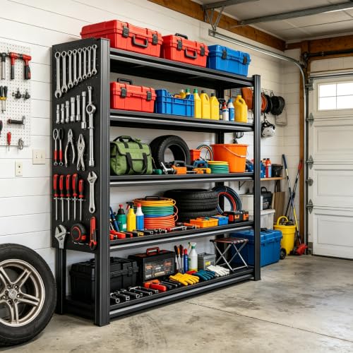 Garage Shelving Unit 5 Tier Metal Rack with Pegboard and 20 Hooks (PB-5 Tier-72‘’H)