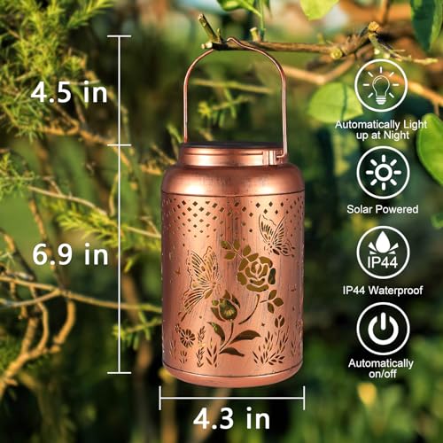 Rose Butterfly Decoration Solar Lanterns Outdoor Waterproof Garden Decor Gifts for Women Mon Grandma Metal Hanging Solar Lights for Outside LED Lanterns for Yard