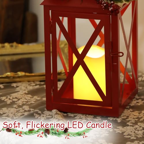 Christmas Lanterns 2 Pack 12'' Red Metal with Candle Holiday Decor