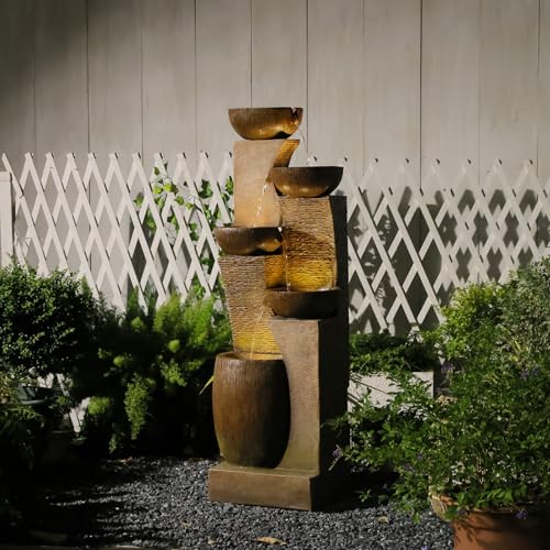 5 Tier Rustic Jar Water Fountain Outdoor with LED Lights (Brown51.4)