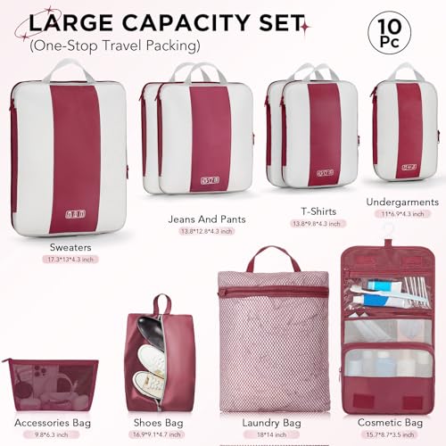 10 Set Compression Packing Cubes for Travel Essentials (Wine Red)