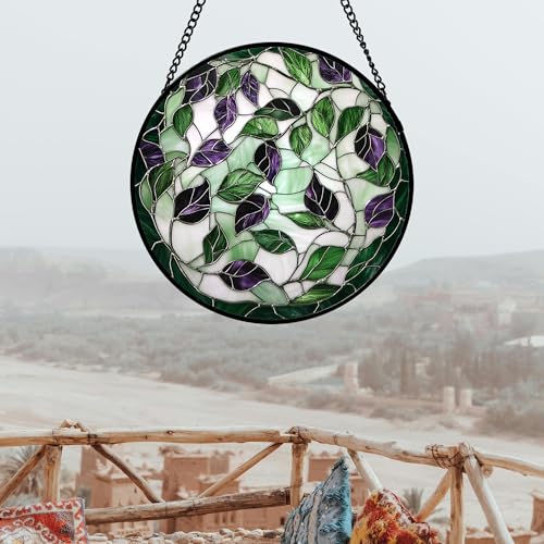 Stained Glass Window Hanging 4 Pcs Set Red Roses Yellow Sunflowers 6.3" (4-piece Green Set / 6.3x6.3 IN)