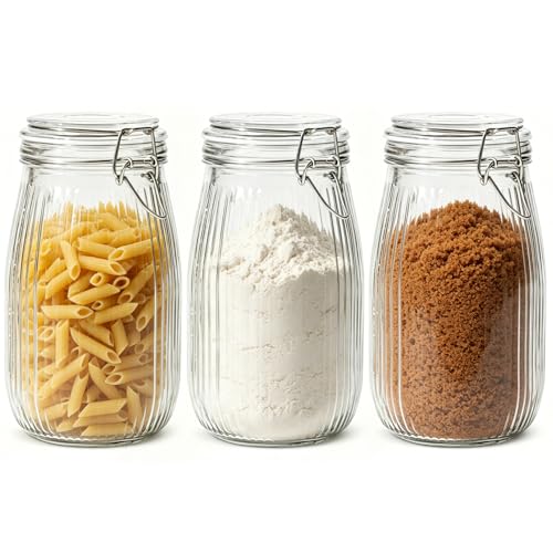 Large Ribbed Glass Jars with Airtight Lids 51 oz 3 Pack Wide Mouth (51 fl oz x 3 - Ribbed)