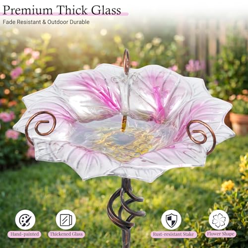 Glass Bird Bath Outdoor Bird Feeder with Metal Stake Garden Decor (Pink)