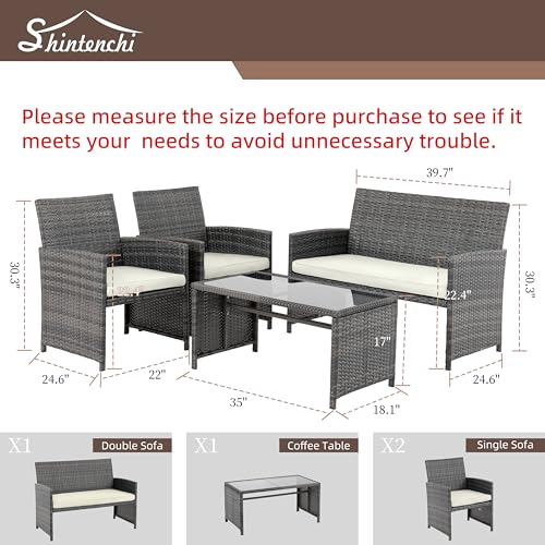 4 Piece Patio Ratten Set Outdoor Furniture Set Wicker Conversation Set with Cushions and Tempered Glass Tabletop (Beige)