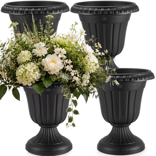 4 Pcs 13 x 15 Inches Black Plastic Urn Planter Classic Flower Pots Front Porch Planters Indoor Outdoor Planters with Pedestal for Wedding Party Bridal Shower Garden Patio Porch (13 x 15 Inches / Black)